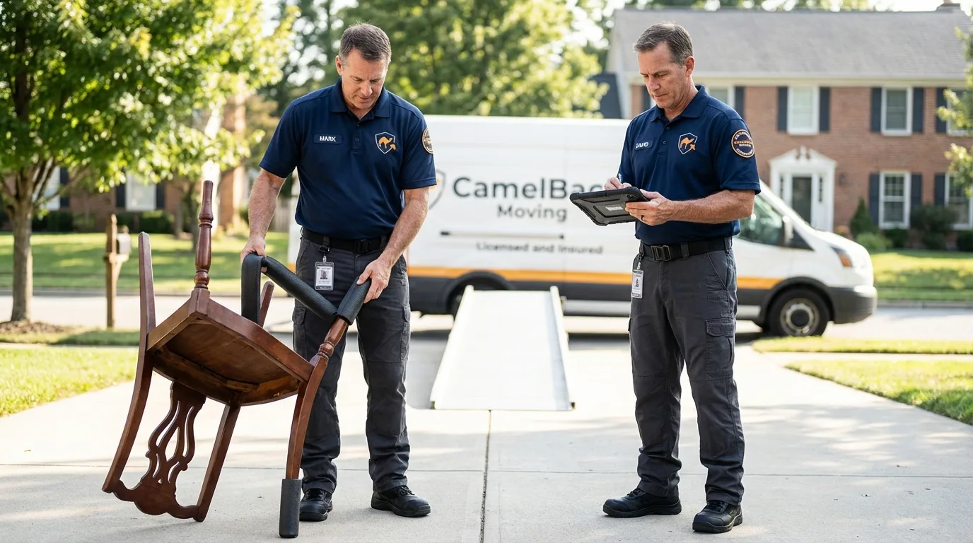 Movers inspecting furniture for damage prevention before loading in Crystal City, MO